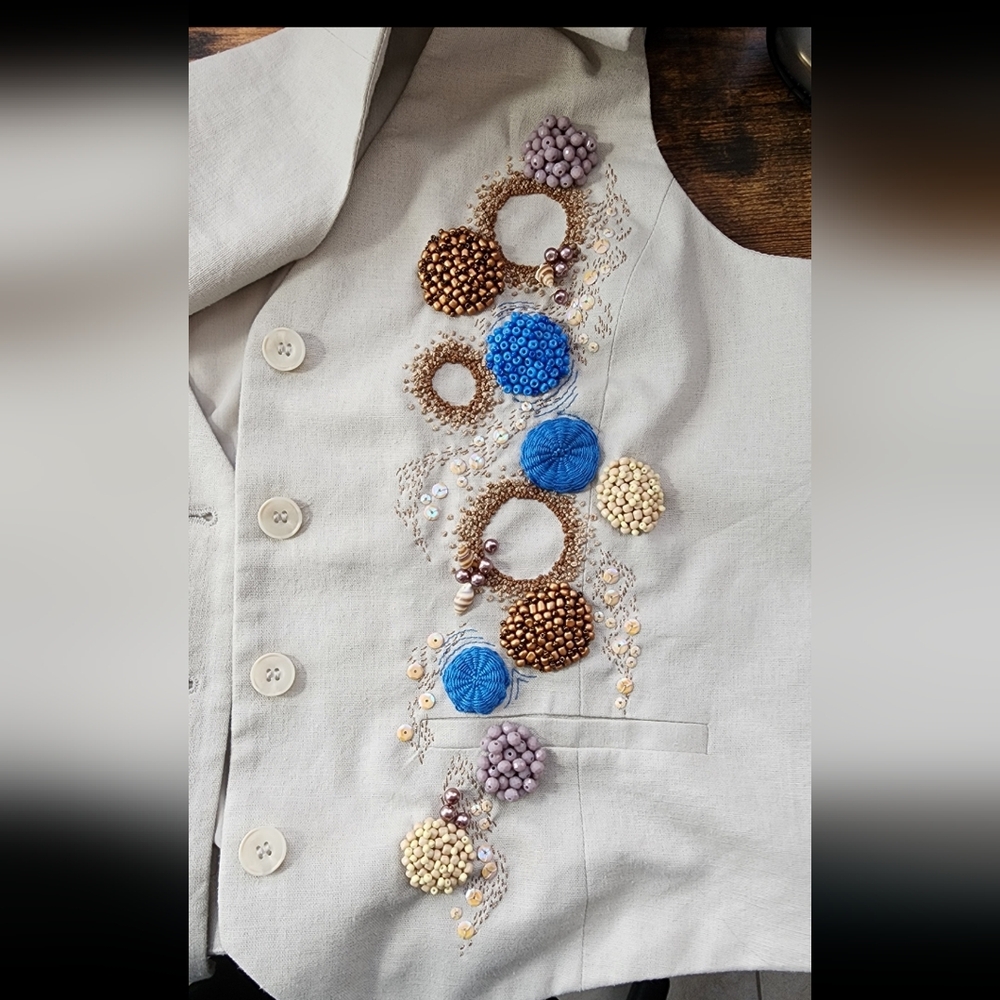 Linen Beige Vest with Colorful Accents Embroidered